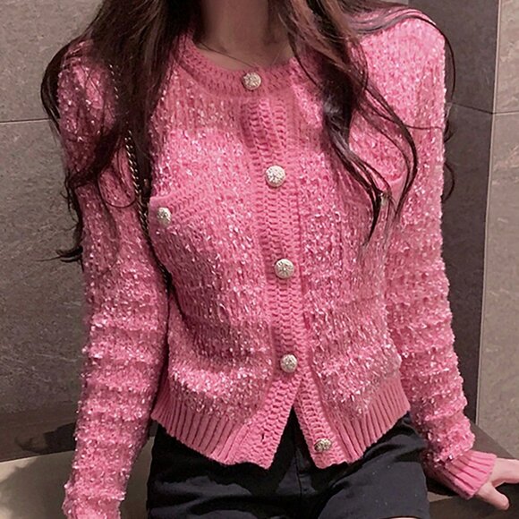 MODA ME COUTURE Sweaters - Pink Casual Women's Double Pocket Crew Neck Cardigan Tops
